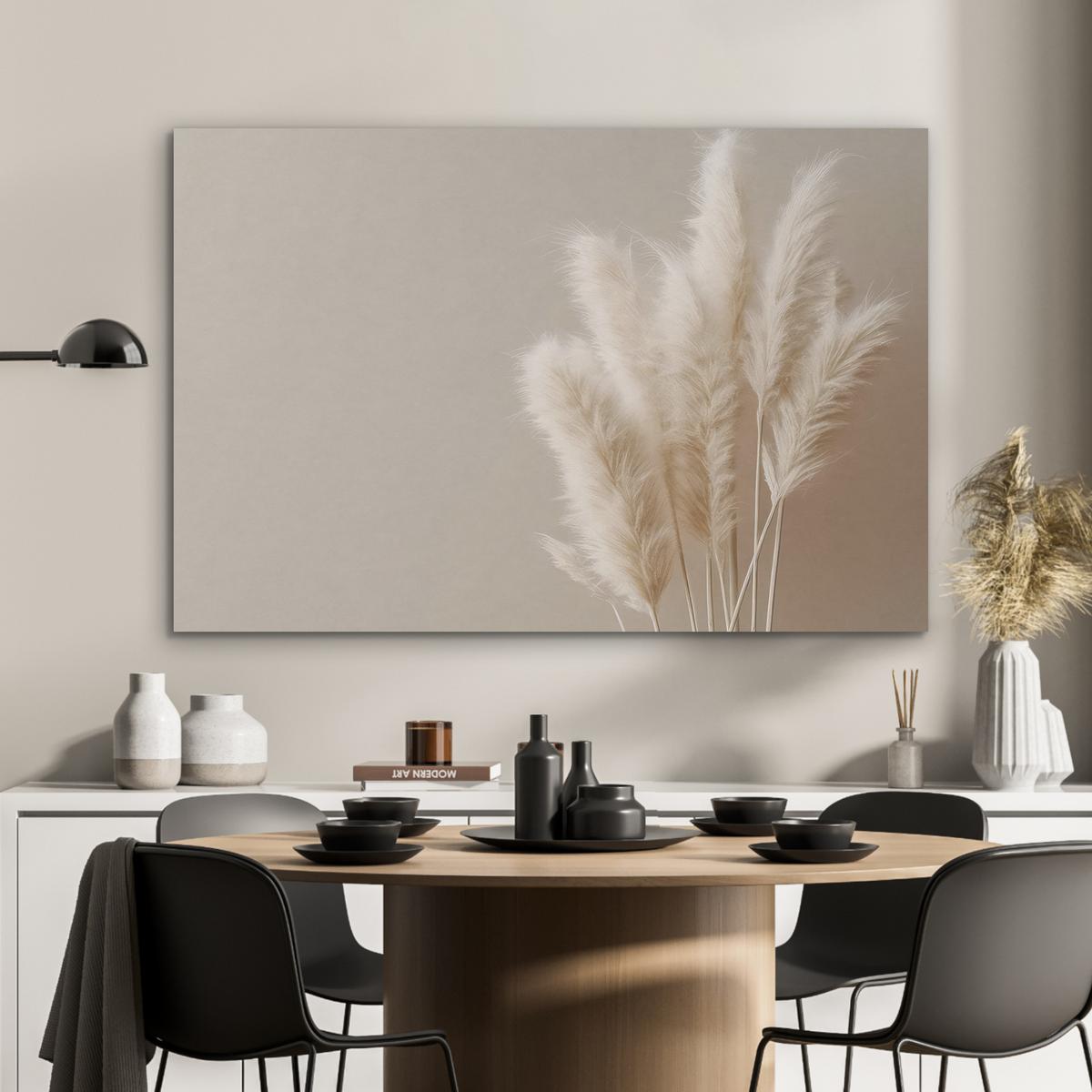 AKUSTIKBILD Pampasgras - Federn - Pastell - Weiß Wandbild Wohnzimmer 100x70 cm - Naturfarben, Kunststoff (100/70/0.9cm) - MuchoWow