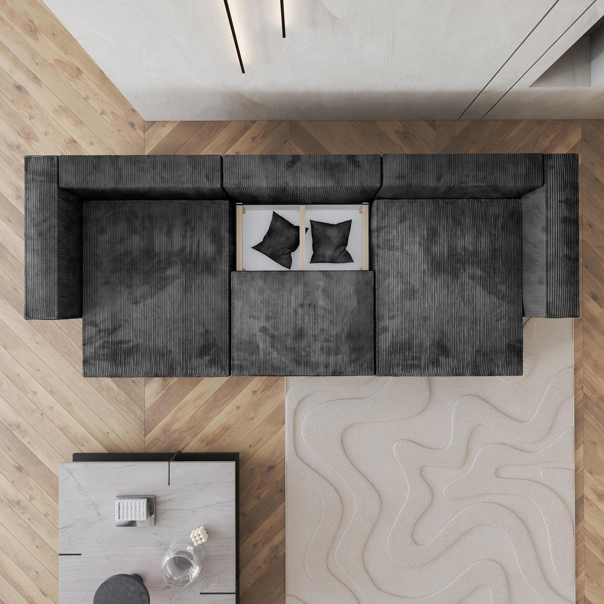 WOHNLANDSCHAFT SARMO P Graphitfarben Kordstoff mit Schlaffunktion - Graphitfarben/Grau, Holz/Kunststoff (347/70/148cm) - MASSENO