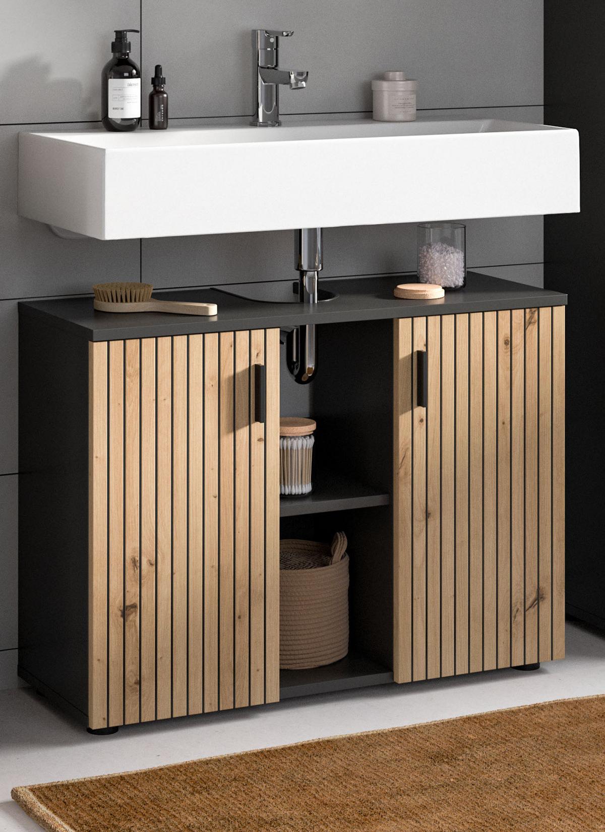 WASCHBECKENUNTERSCHRANK Eiche Artisan, grau 80 cm, Bad Unterschrank mit 6 Fächern, Leistenoptik - Schwarz/Eiche Artisan, Holzwerkstoff/Kunststoff (80/59/30cm) - Inn.Furn