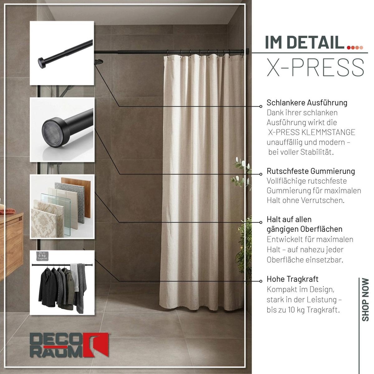 DUSCHVORHANGSTANGE ohne Bohren ausdrehbare Teleskop-Klemmstange aus Metall 125-220cm - Schwarz, Metall (125cm) - Deco-Raum