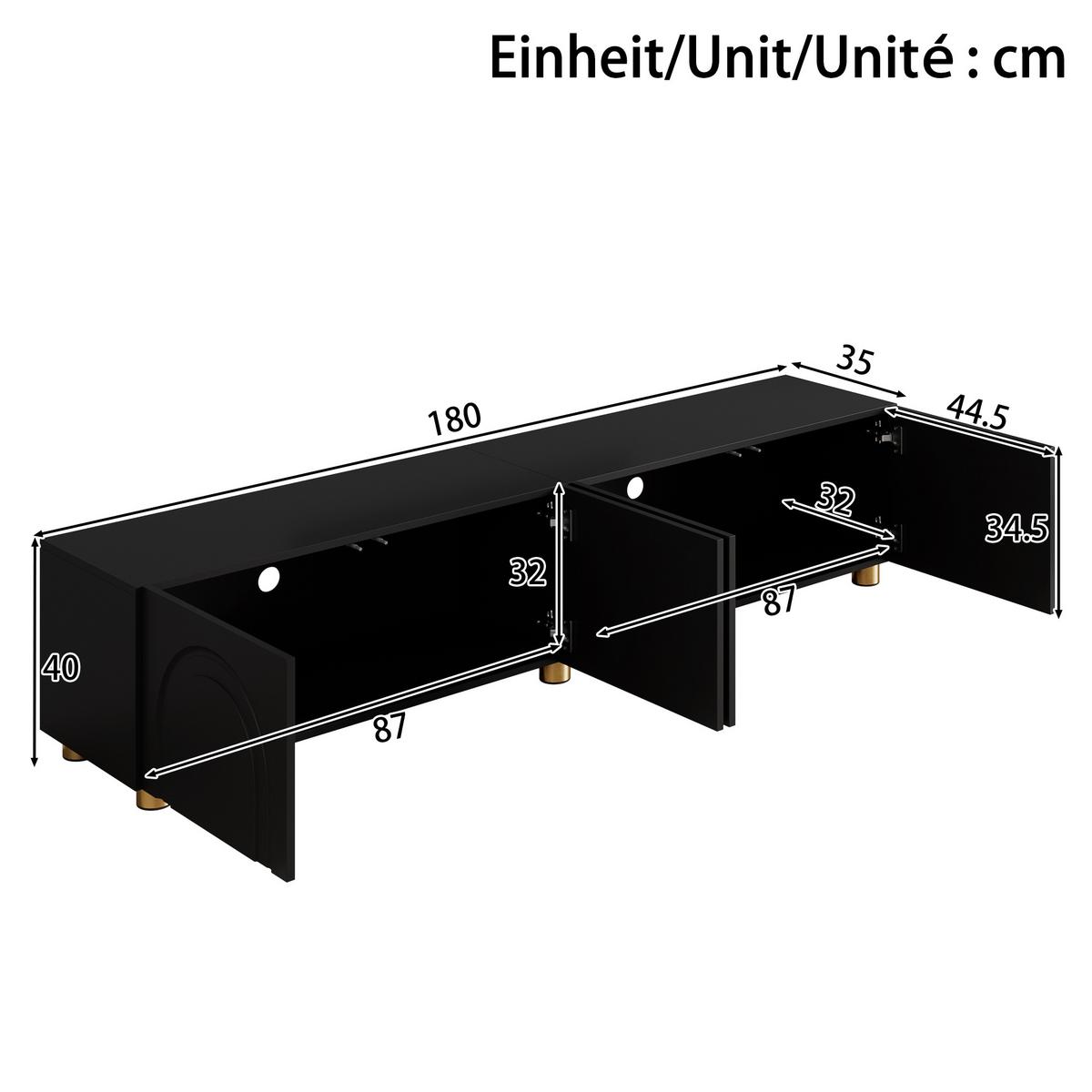 TV-LOWBOARD Schwarz 180cm mit 3D-Bogenrelief 4 Türen & Metallfüßen - Schwarz, Holzwerkstoff (180/40/35cm) - Urban Meuble