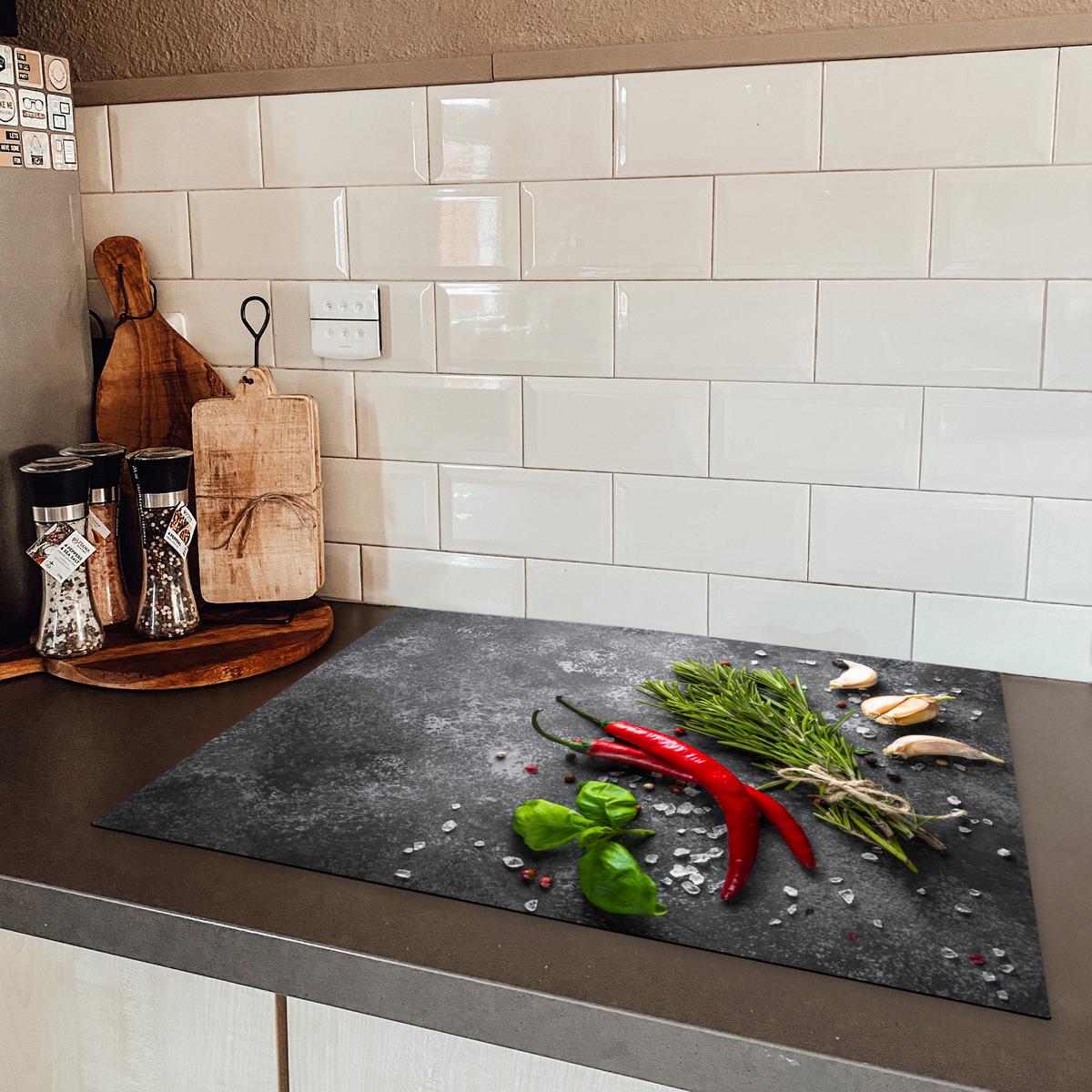 HERDABDECKPLATTE Pfeffer - Kräuter - Gewürze - Beton Induktionsmatte 71x52 cm - Rot, Kunststoff (71/52/0.2cm) - MuchoWow