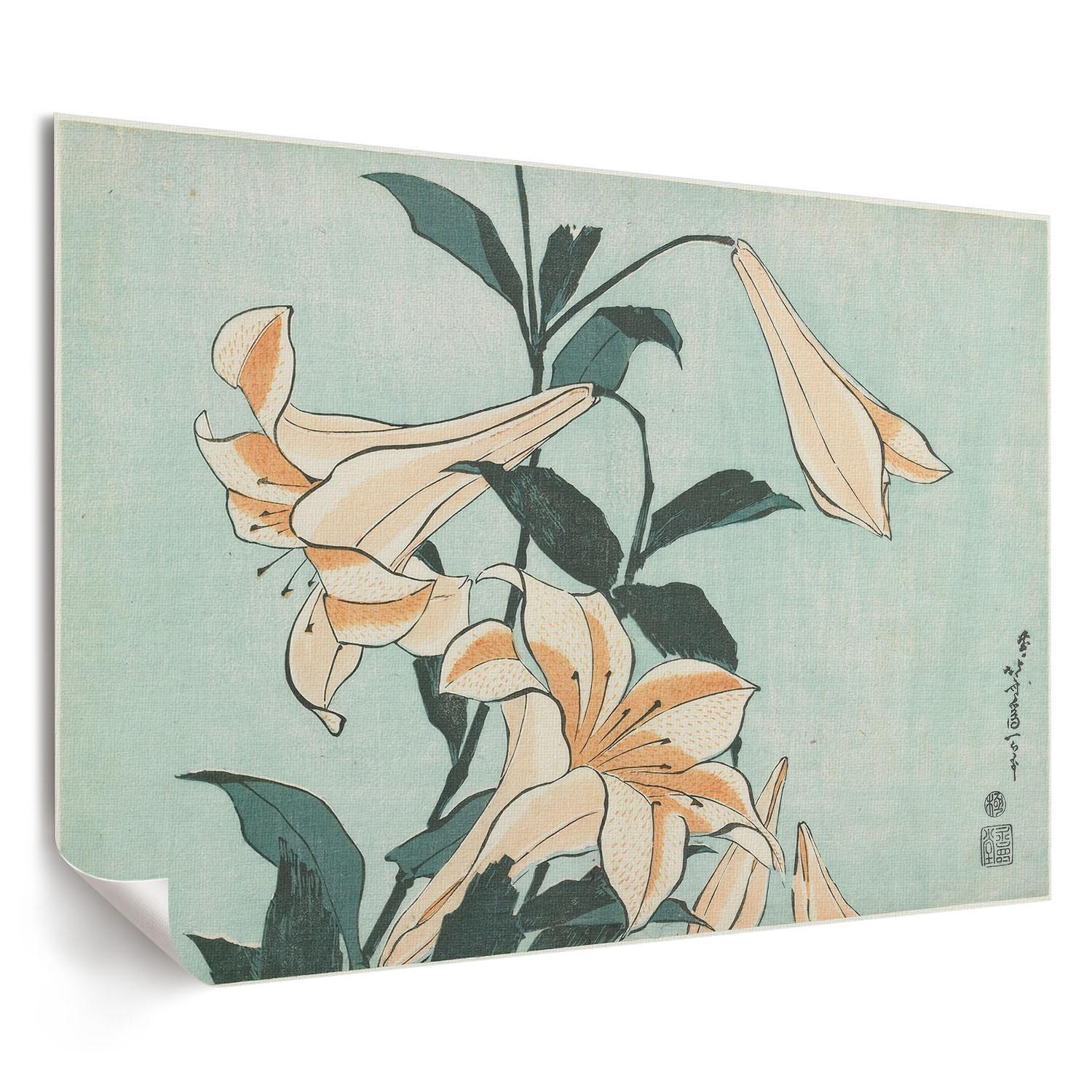 POSTER - 29x21 cm (A4) - Hokusai - Lilien - Türkis, Textil (29.7/21/0.1cm) - TULUP