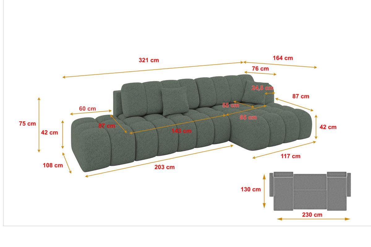 ECKSOFA mit Schlaffunktion Ottomane RECHTS OLEA-L2 321x164x75 Grün Tissu - Waldgrün/Schwarz, Holzwerkstoff/Kunststoff (164/321cm) - ALTDECOR