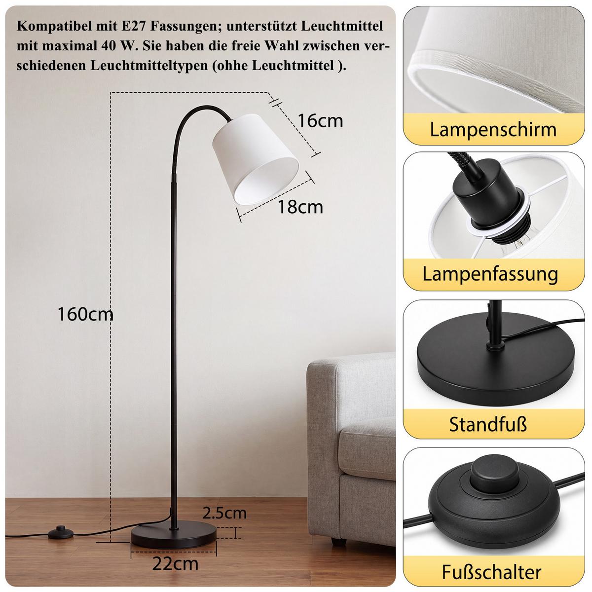 STEHLAMPE Orythvin 18/16/160 cm - Beige, Textil/Metall (18/16/160cm) - ZMH