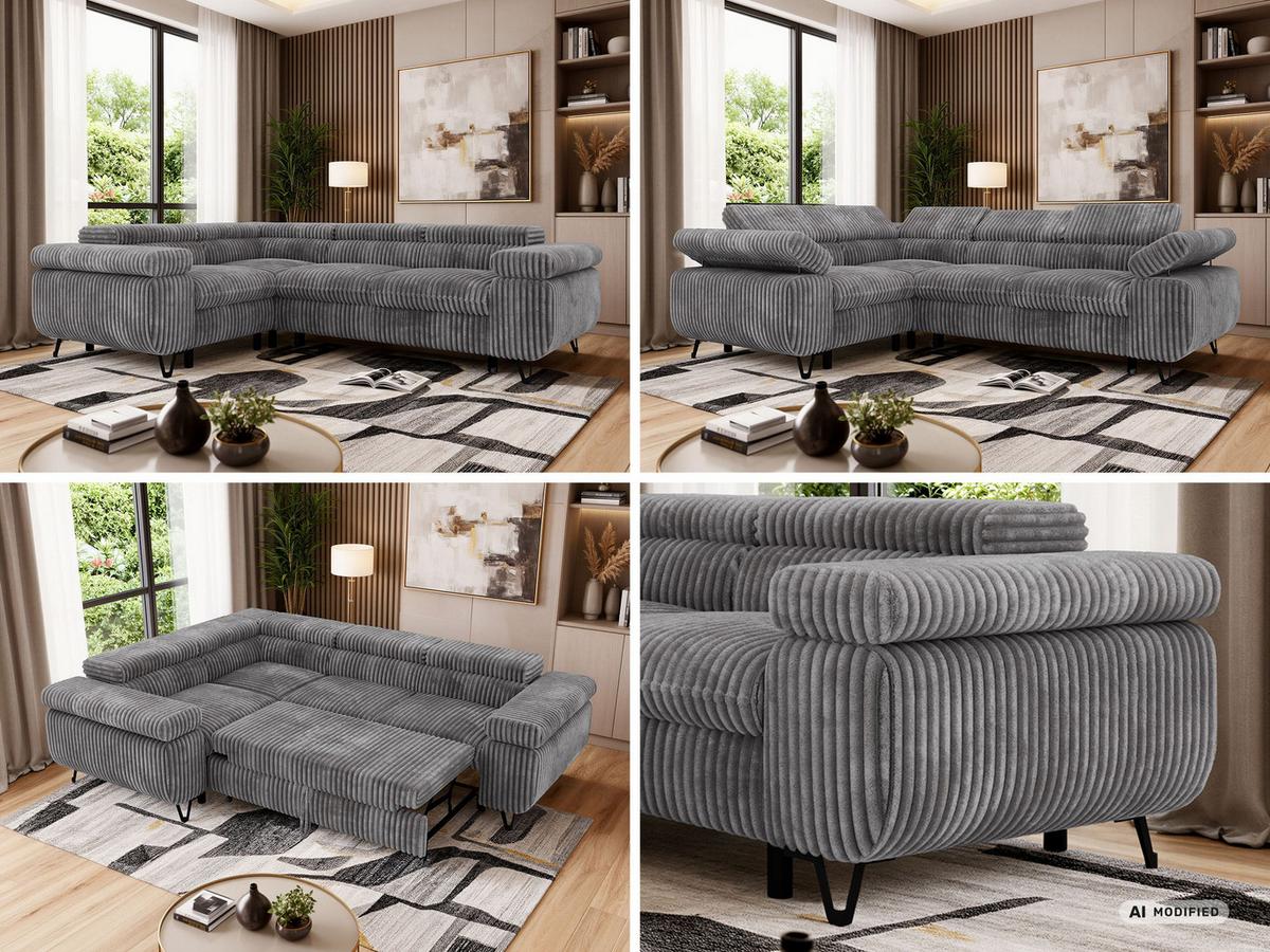 ECKSOFA FALCO L - Grau Cord - Links Seite - Schwarz/Grau, Textil/Metall (197/268cm) - MKS