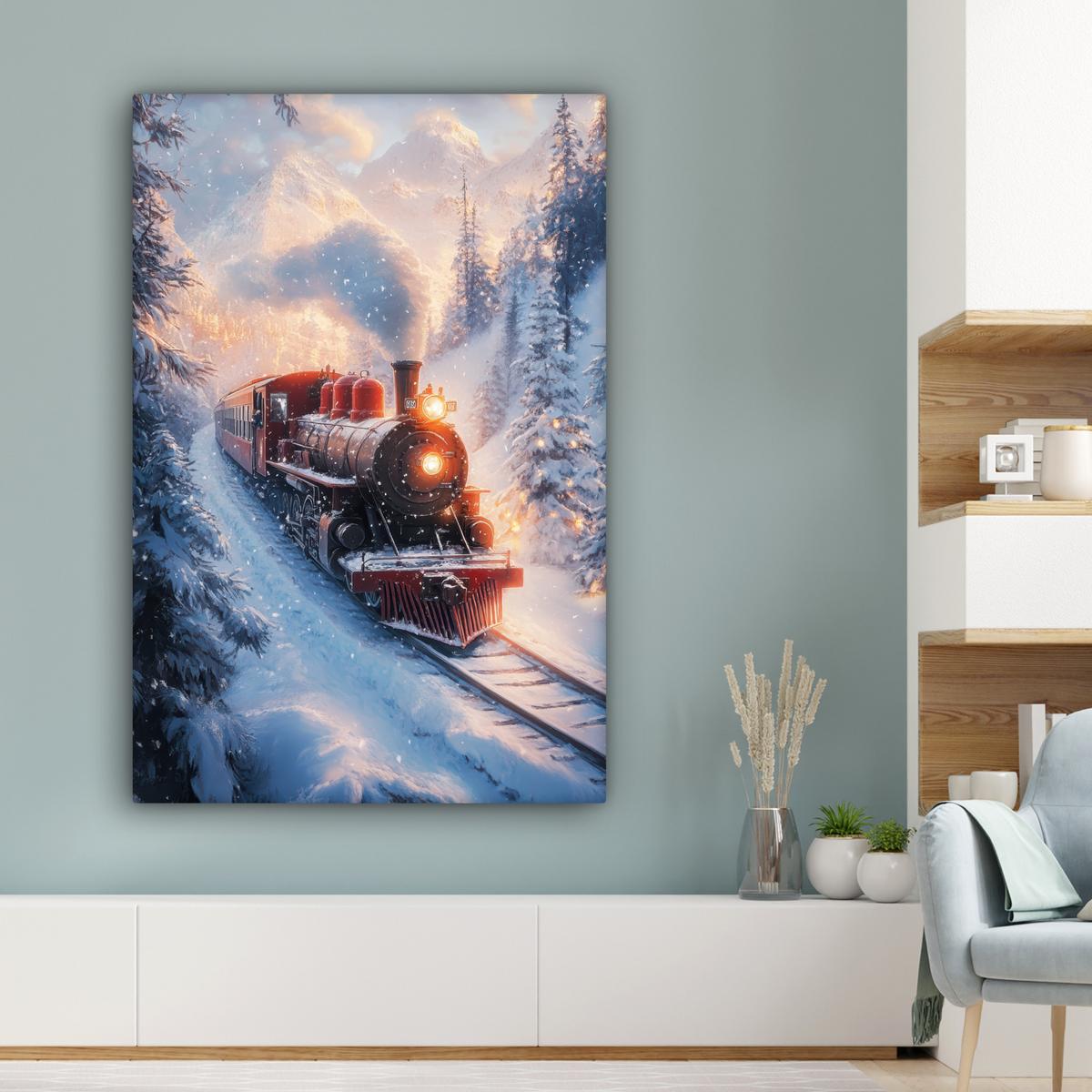LEINWANDBILD Weihnachtszug - Schnee - Winter - Weihnachten Deko XXL 80x120 cm - Dunkelrot, Textil (80/120cm) - MuchoWow