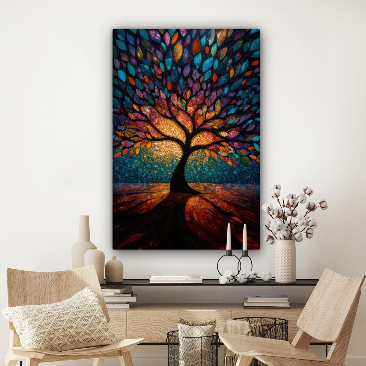 LEINWANDBILD Mosaik - Bunt - Baum - Äste Deko Groß 90x140 cm - Multicolor, Textil (90/140cm) - MuchoWow