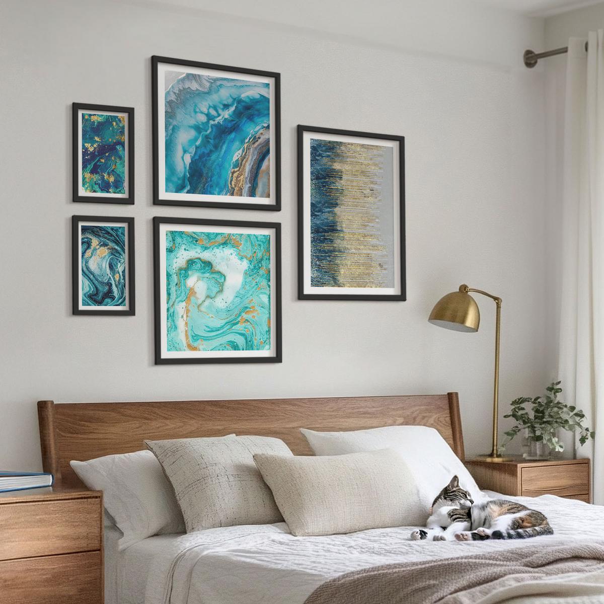 BILDER SET 5er Set - 50x50 cm & 20x30 cm & 40x60 cm Schwarzer Rahmen - Wilde Landschaften, Berge, Hirsche - Schwarz, Kunststoff (40/60cm) - TULUP