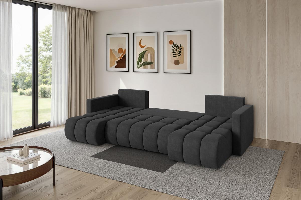 WOHNLANDSCHAFT mit Schlaffunktion und Bettkasten GARD-U 300x146x85 Dunkelgrau Velours - Anthrazit/Schwarz, Holzwerkstoff/Kunststoff (300/85/146cm) - ALTDECOR