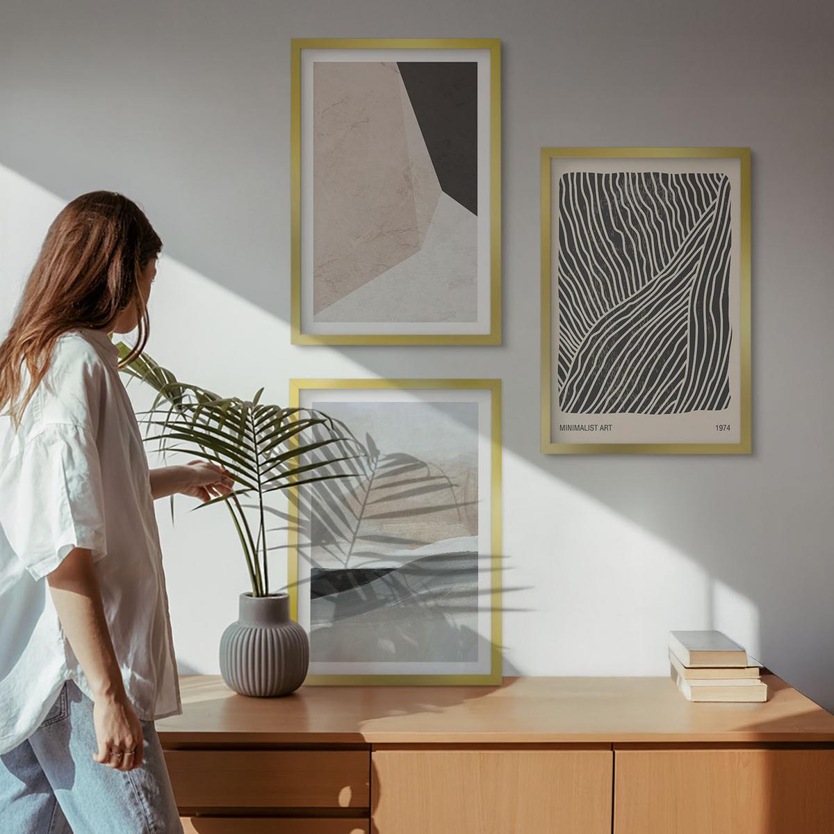 BILDER SET 3er Set - 40x60 cm Goldrahmen - Abstrakte Muster in Beige und Grau - Goldfarben, Kunststoff (40/60cm) - TULUP