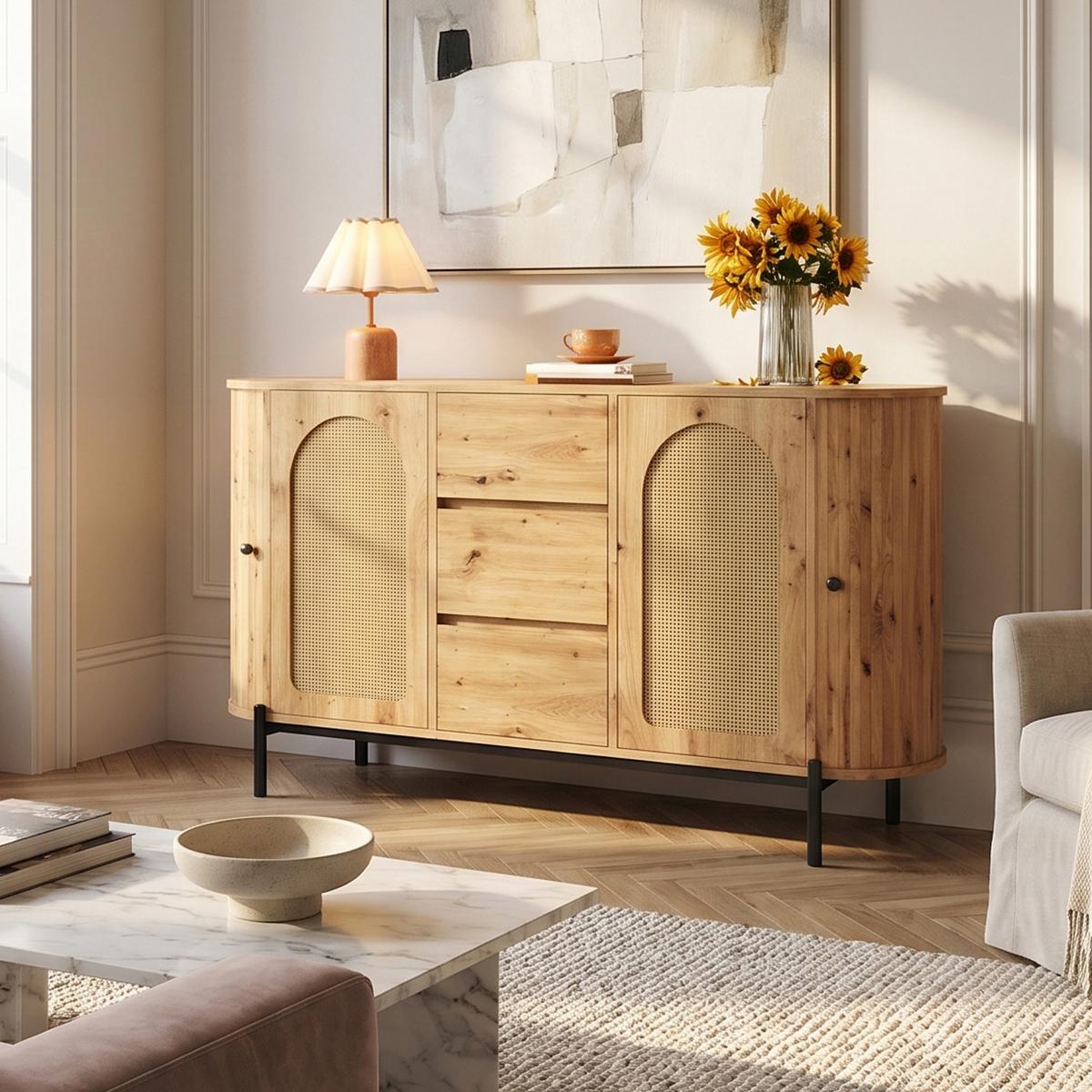 SIDEBOARD in holzoptik mit rattan, ovale form und verstellbaren fächern - Naturfarben, Holzwerkstoff (140/77.5/38cm) - Urban Meuble