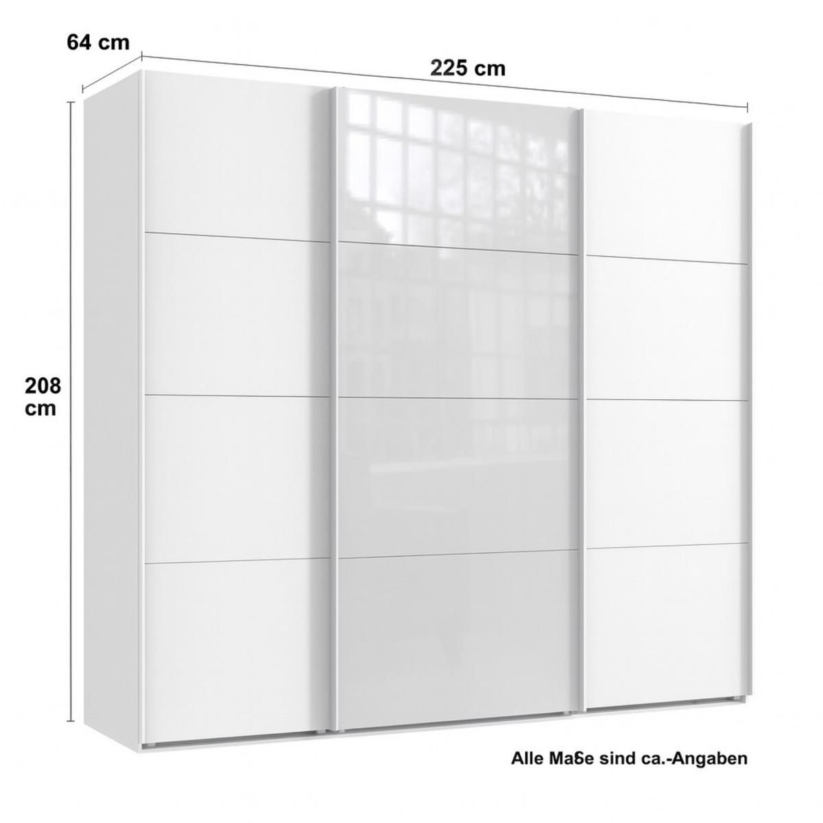 SCHWEBETÜRENSCHRANK 3-türig B225/H208/T64 cm in Weiß, Kleiderschrank mit einer Glasfront-Tür in Weiß / 22521 - Edelstahlfarben/Weiß, Holzwerkstoff/Metall (225/208/64cm) - luma-home