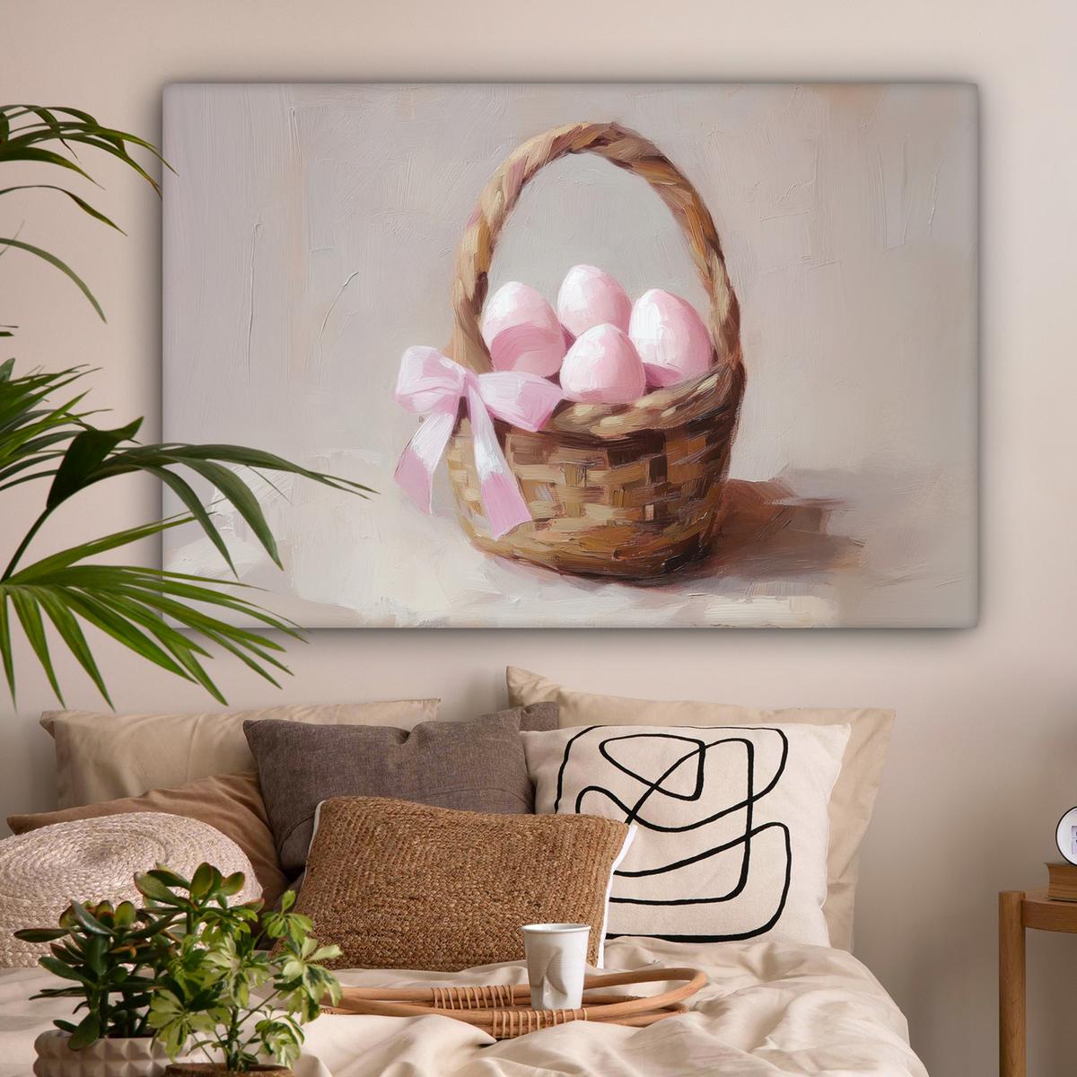 LEINWANDBILD Korb - Eier - Rosa XXL 150x100 cm - Beige, Textil (150/100cm) - MuchoWow
