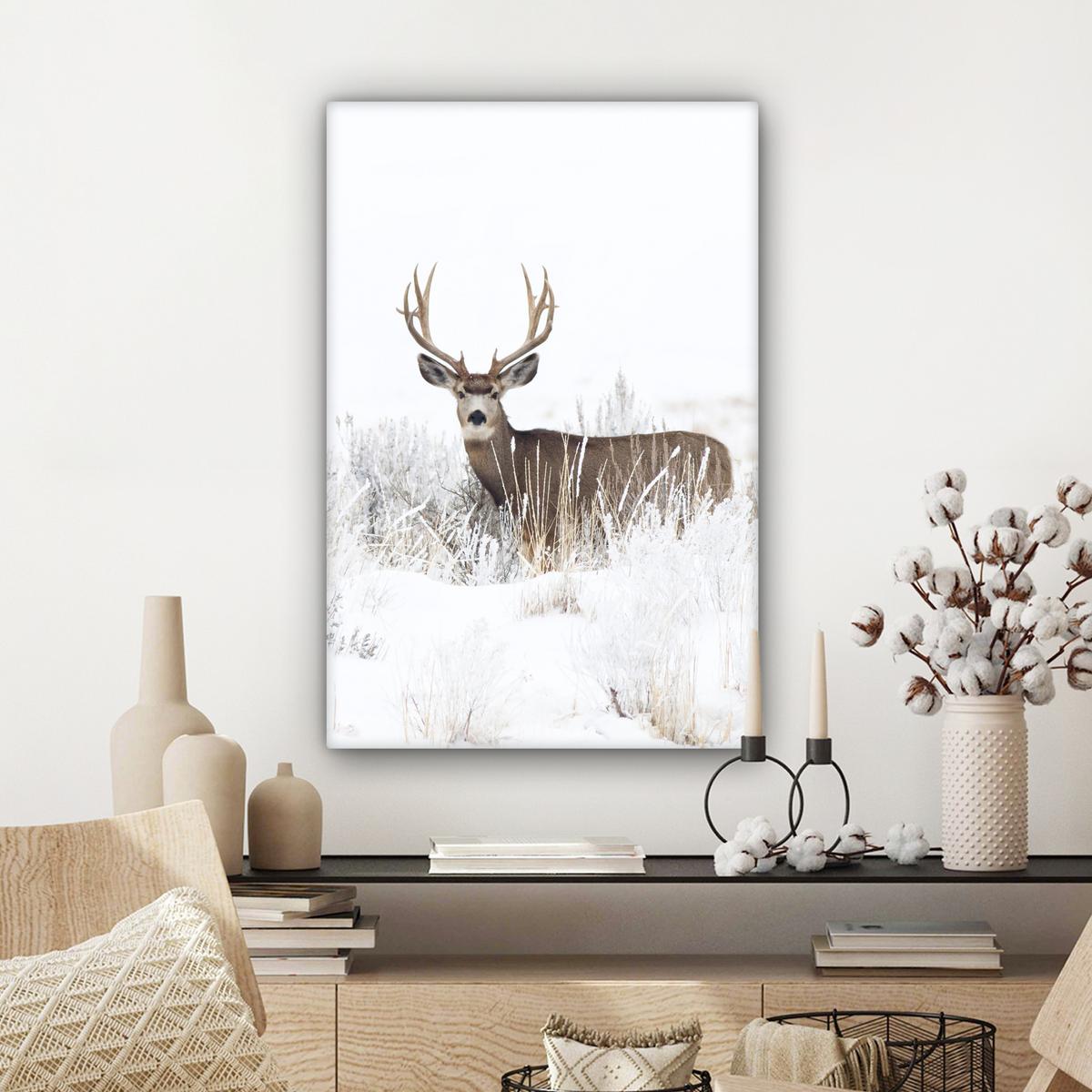 LEINWANDBILD Hirsche - Winter - Schnee - Tiere - Jahreszeiten - Weiß Wanddeko 40x60 cm - Hellbraun, Textil (40/60cm) - MuchoWow