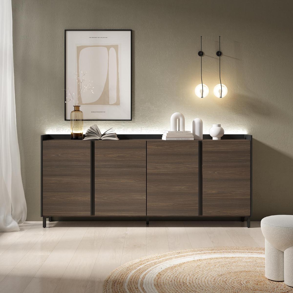 SIDEBOARD, Dunkler Eiche und Schwarz, 207/35/91cm, mit Beinen - Dunkelbraun, Holzwerkstoff (207/91/35cm) - Skraut Home
