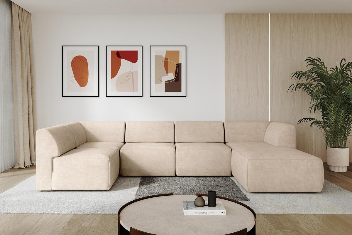 WOHNLANDSCHAFT Ottomane Rechts MOVO-L 345x180x78 cm Beige Velours - Mokka, Holzwerkstoff/Kunststoff (180/78/345cm) - ALTDECOR