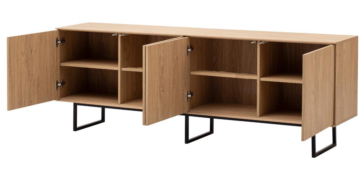 TV-LOWBOARD Eiche 200 x 70 cm, Flat-TV Unterschrank mit Komforthöhe, Push-To-Open-Funktion - Eichefarben/Schwarz, Holzwerkstoff/Metall (200/70/40cm) - Furn.Design