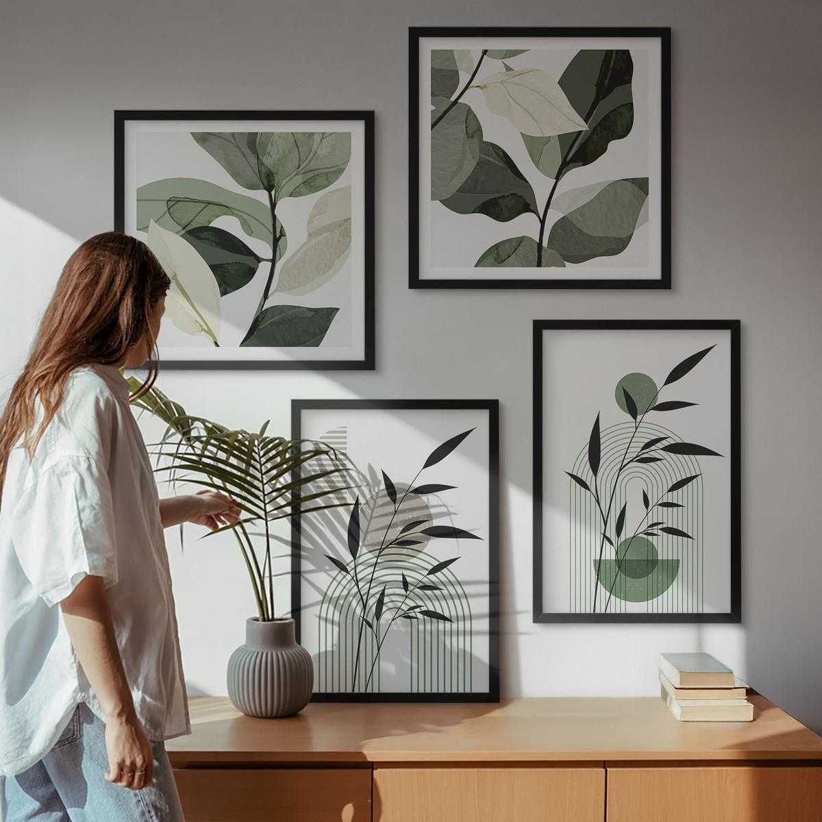 BILDER SET 4er Set - 50x50 cm & 40x60 cm Schwarzer Rahmen - Boho-Pflanzenkompositionen - Schwarz, Kunststoff (50/50cm) - TULUP