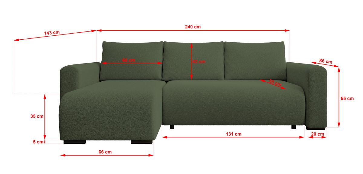 ECKSOFA DORA L, Eckcouch in L-Form mit Schlaffunktion und Bettkasten, Farbe: Grün, Bouclé-Stoff, Ottomane Links - Grün, Textil (240/143cm) - Storez24