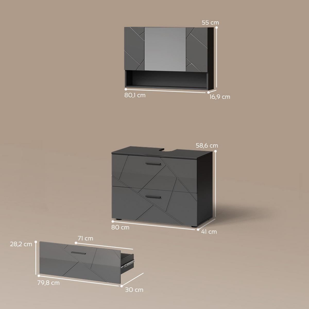 BADMÖBEL-SET Ronco Anthrazit Hochglanz 2 Teile, Unterschrank 80 cm - Schwarz Hochglanz, Holzwerkstoff (41/80/58cm) - Livinity®