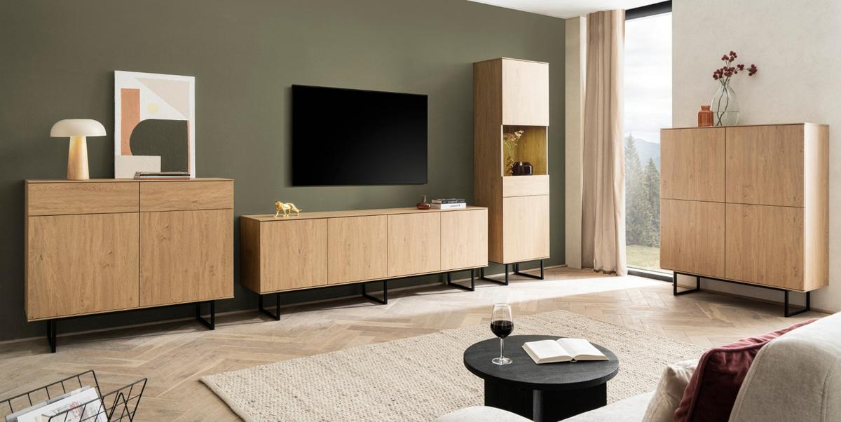 WOHNWAND Stone Eiche, Wohnkombination 3-teilig 400 cm, mit Push-to-Open - Eichefarben/Schwarz, Holzwerkstoff/Metall (400/200/40cm) - Furn.Design