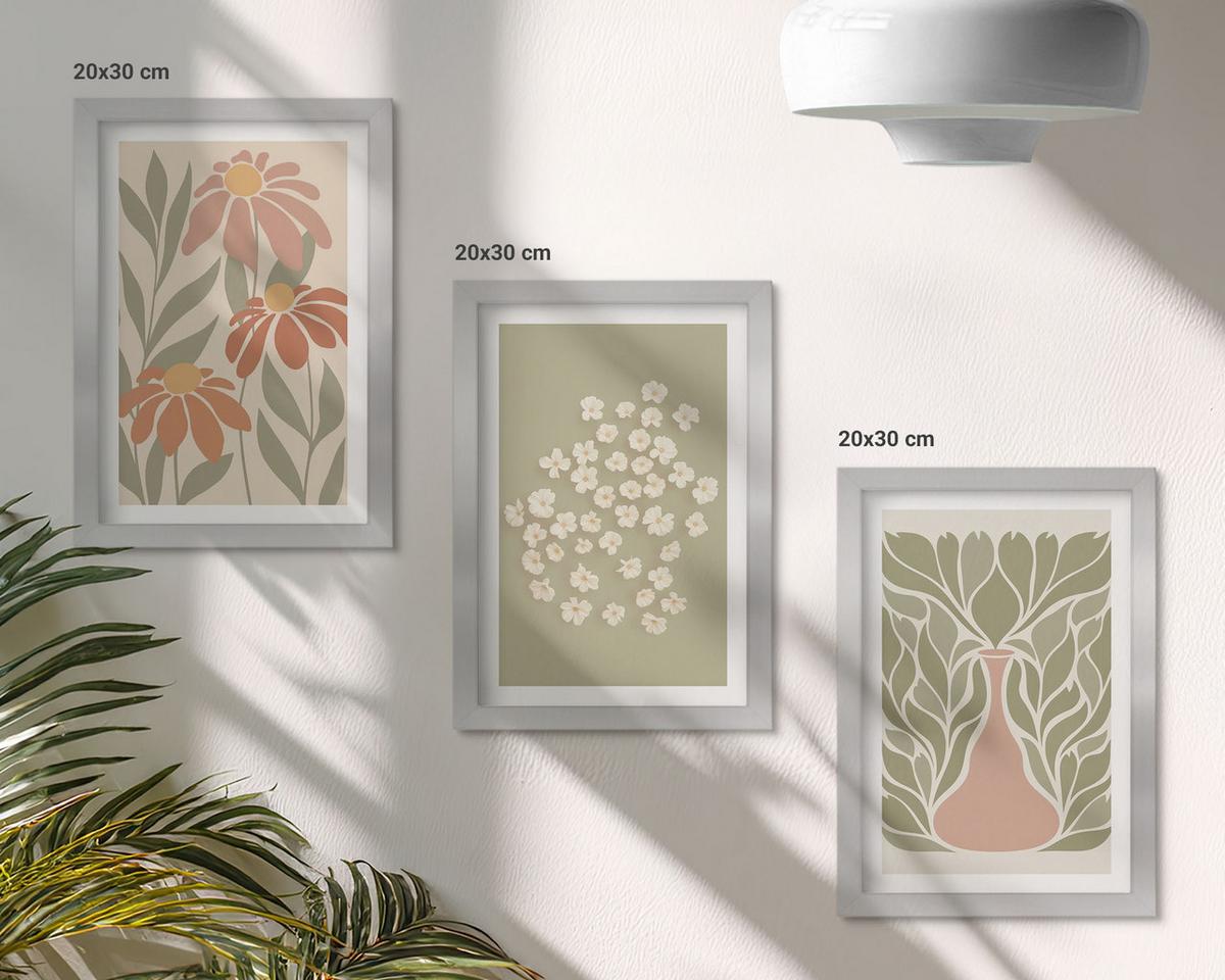 BILDER SET 3er Set - 20x30 cm Silberner Rahmen - Florale Boho-Muster - Silberfarben, Kunststoff (20/30cm) - TULUP