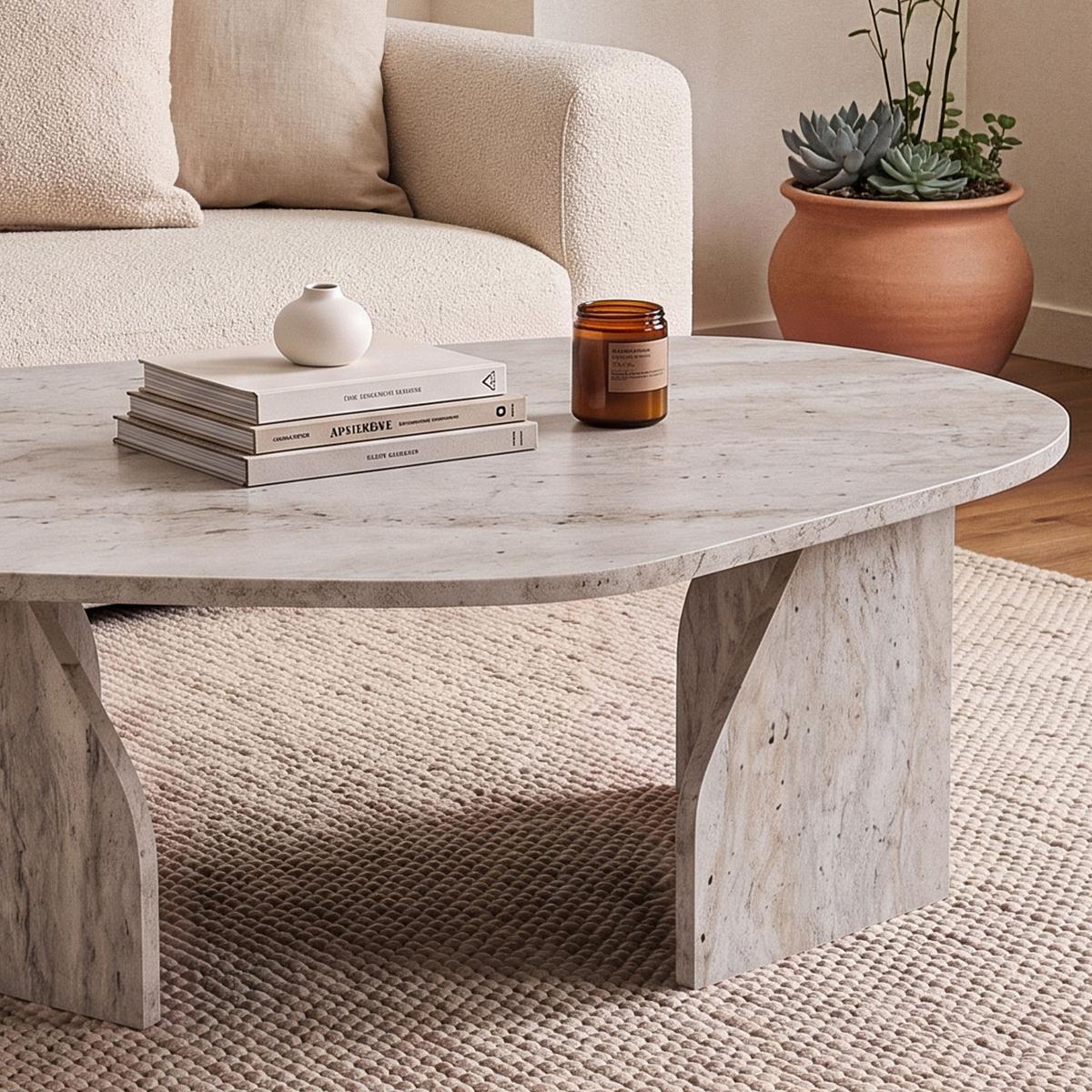 COUCHTISCH mit organisch geformter Tischplatte und breiten Beinen 100/60/35 cm - Beige, Holzwerkstoff (66/60/35cm) - Calicosy