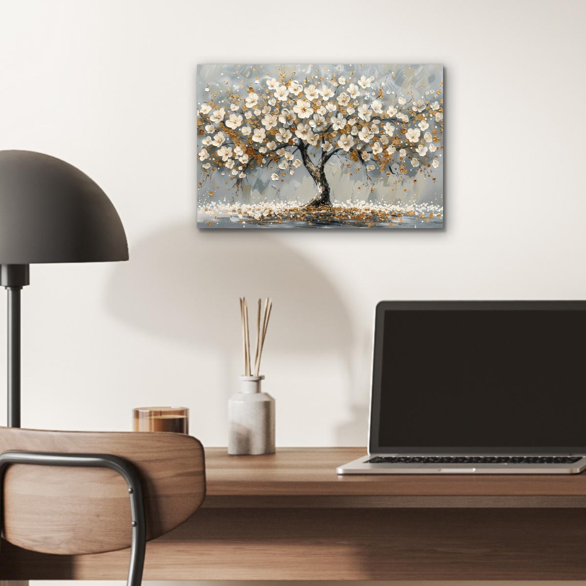 METALLBILD Baum - Blumen - Weiß - Natur - Kunst 30x20 cm - Weiß, Metall (30/20cm) - MuchoWow