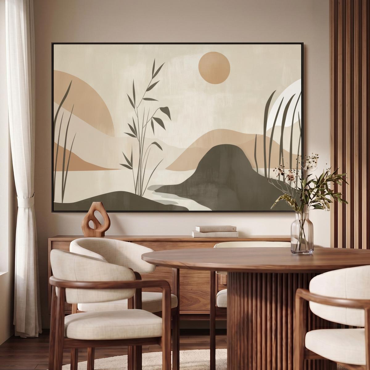 LEINWAND Bilder mit Rahmen - Japandi - Landschaft - Beige - 120x80 - Cognac, Textil (120/80cm) - MuchoWow