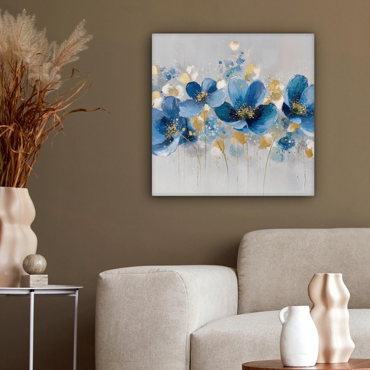 LEINWANDBILD Blumen - Blau - Abstrakt Wandbild Wohnzimmer 50x50 cm - Hellgrau, Textil (50/50cm) - MuchoWow