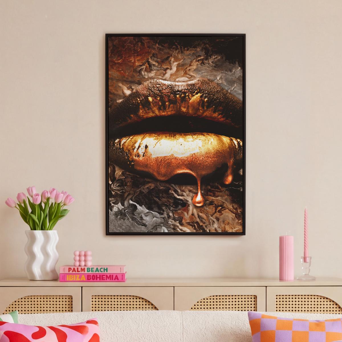 LEINWAND Bilder mit Rahmen - Gold - Lippen - Kunst - Gold - Luxus - Abstrakt - 60x90 - Kupferfarben, Textil (60/90cm) - MuchoWow