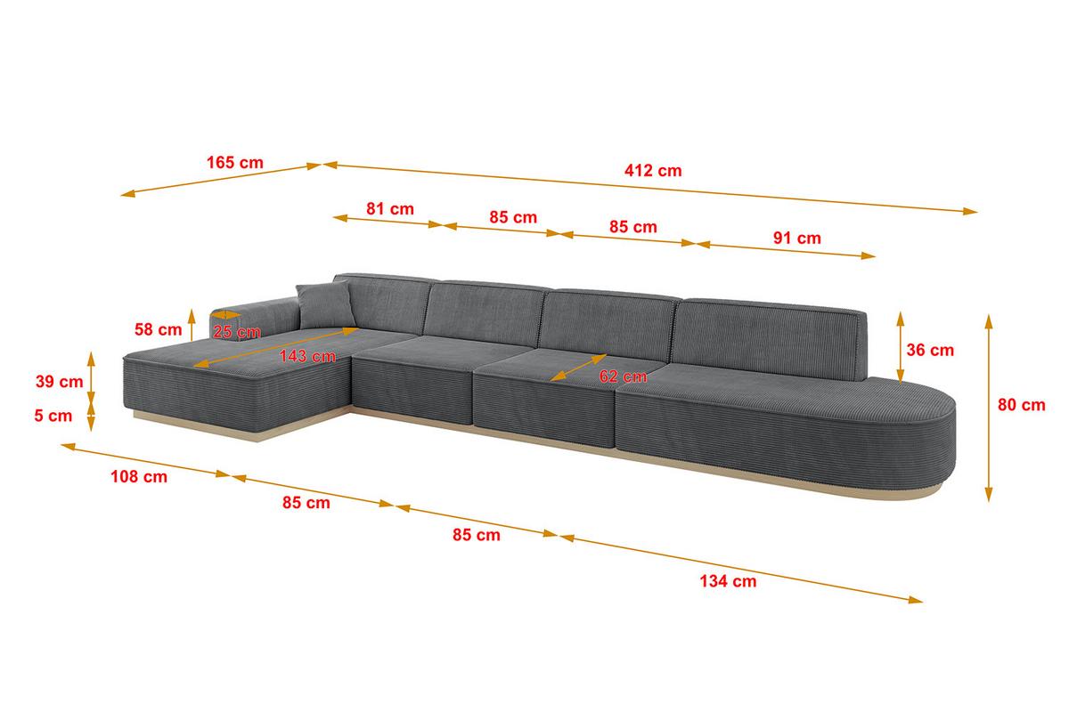 ECKSOFA Ottomane Links IREA-L3 - 412x165x80 cm Duneklgrau - Dunkelgrau, Holzwerkstoff/Textil (412/165cm) - ALTDECOR