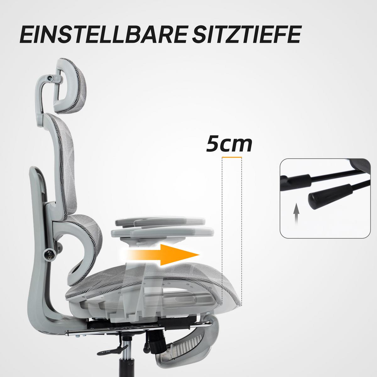 BÜROSTUHL Schreibtischstuhl mit Armlehne Kopfstütze Lendenwirbelstütze Grau - Grau, Kunststoff/Textil (64/122/66cm) - HOMCOM
