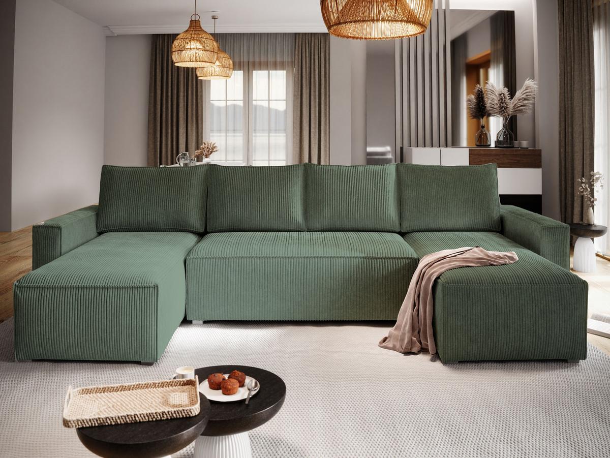 WOHNLANDSCHAFT ASPRA Grün Kordstoff mit Schlaffunktion - Grau/Grün, Holz/Kunststoff (295/85/140cm) - MASSENO