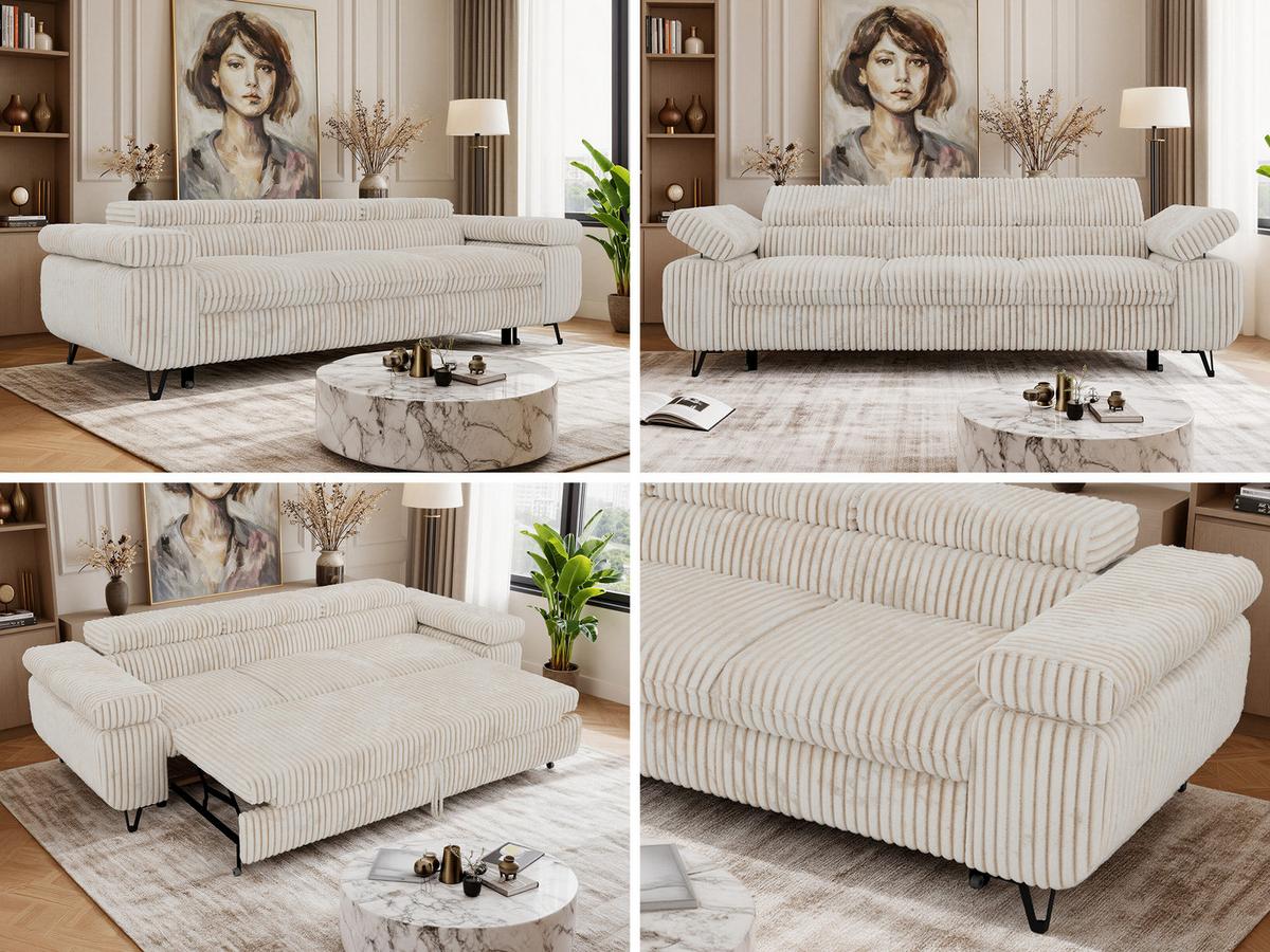3-SITZER SOFA PETER mit Schlaffunktion - Beige Cord - Beige/Creme, Textil/Metall (262/76/99cm) - MKS