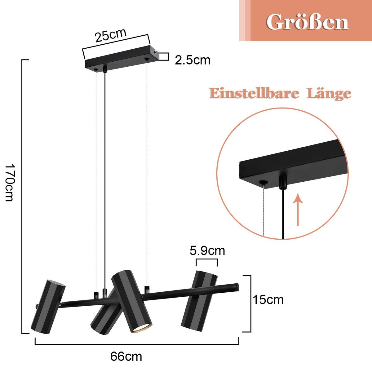 PENDELLEUCHTE Stärke 4-flammig 66/6/170 cm - Schwarz, Metall (66/6/170cm) - Nettlife
