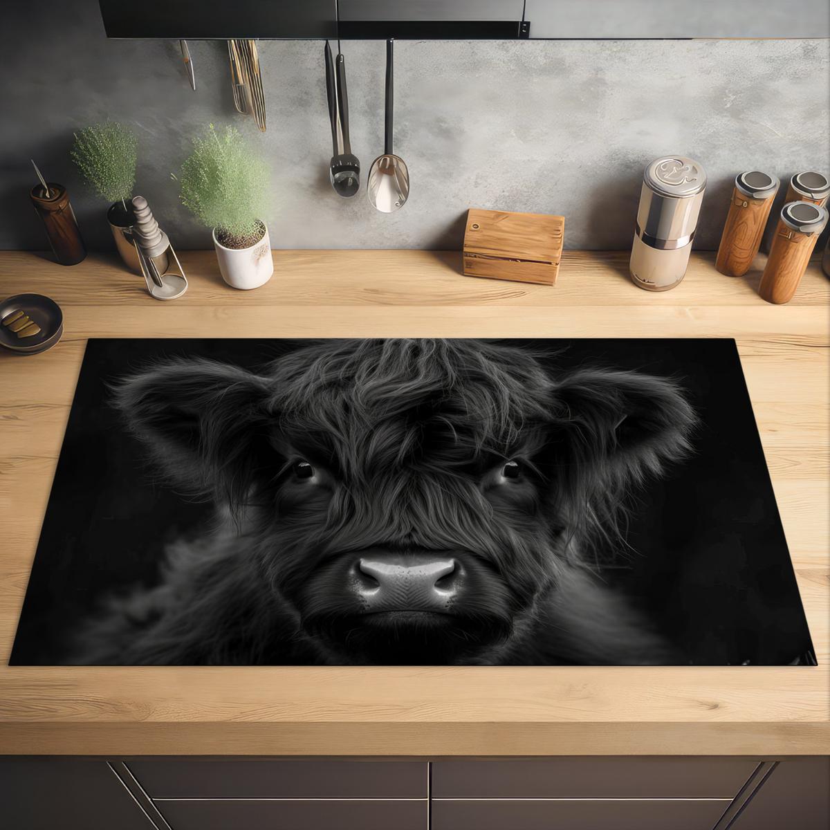HERDABDECKPLATTE Scottish Highlander - Schwarz - Kalb - Kuh Induktionsschutz 91.6x52.7 cm - Schwarz, Kunststoff (91.6/52.7/0.2cm) - MuchoWow