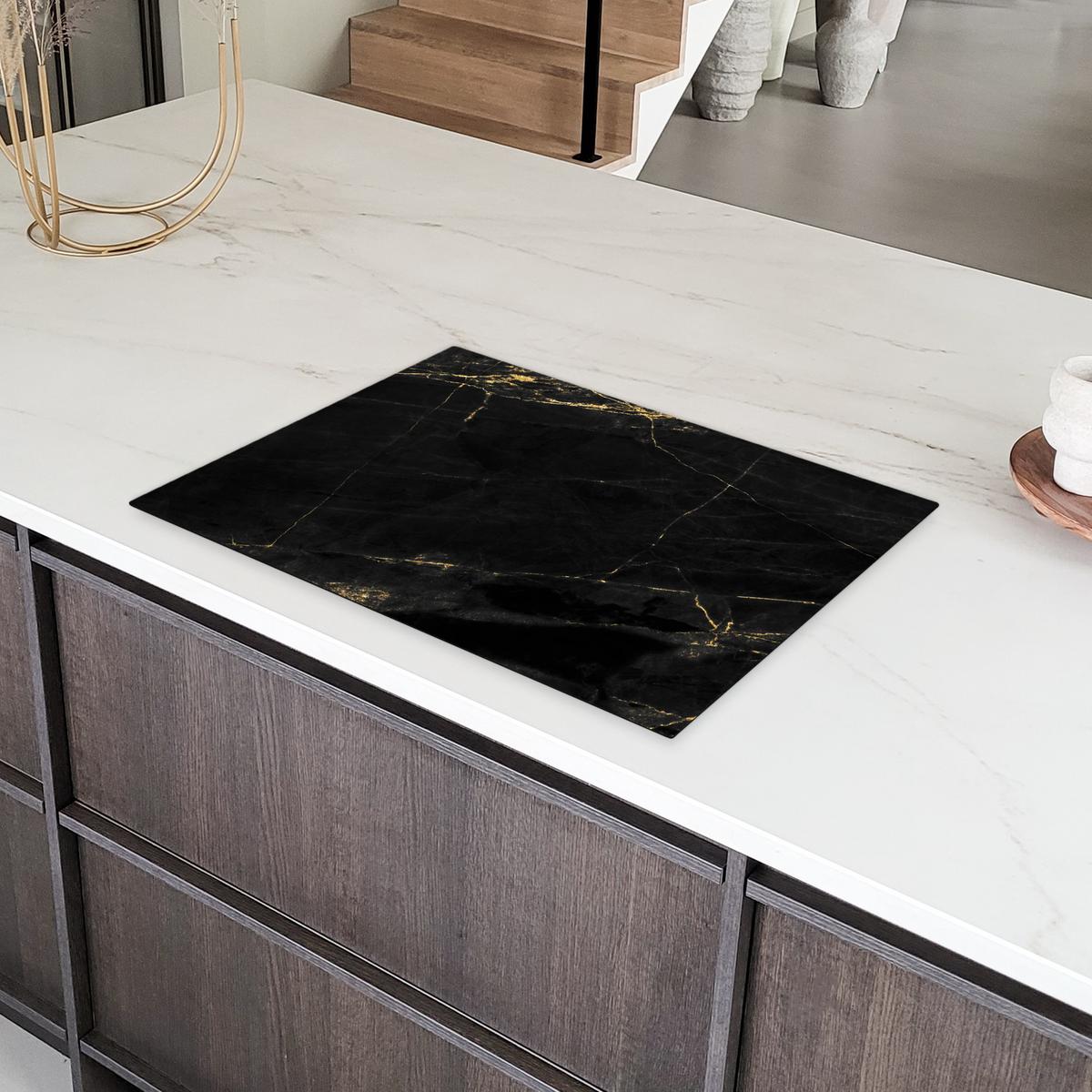 HERDABDECKPLATTE Marmor - Schwarz - Gold - Chic - Marmoroptik - Design Herdabdeckung Induktionsfeld 75x52 cm - Schwarz, Kunststoff (75/52/0.2cm) - MuchoWow