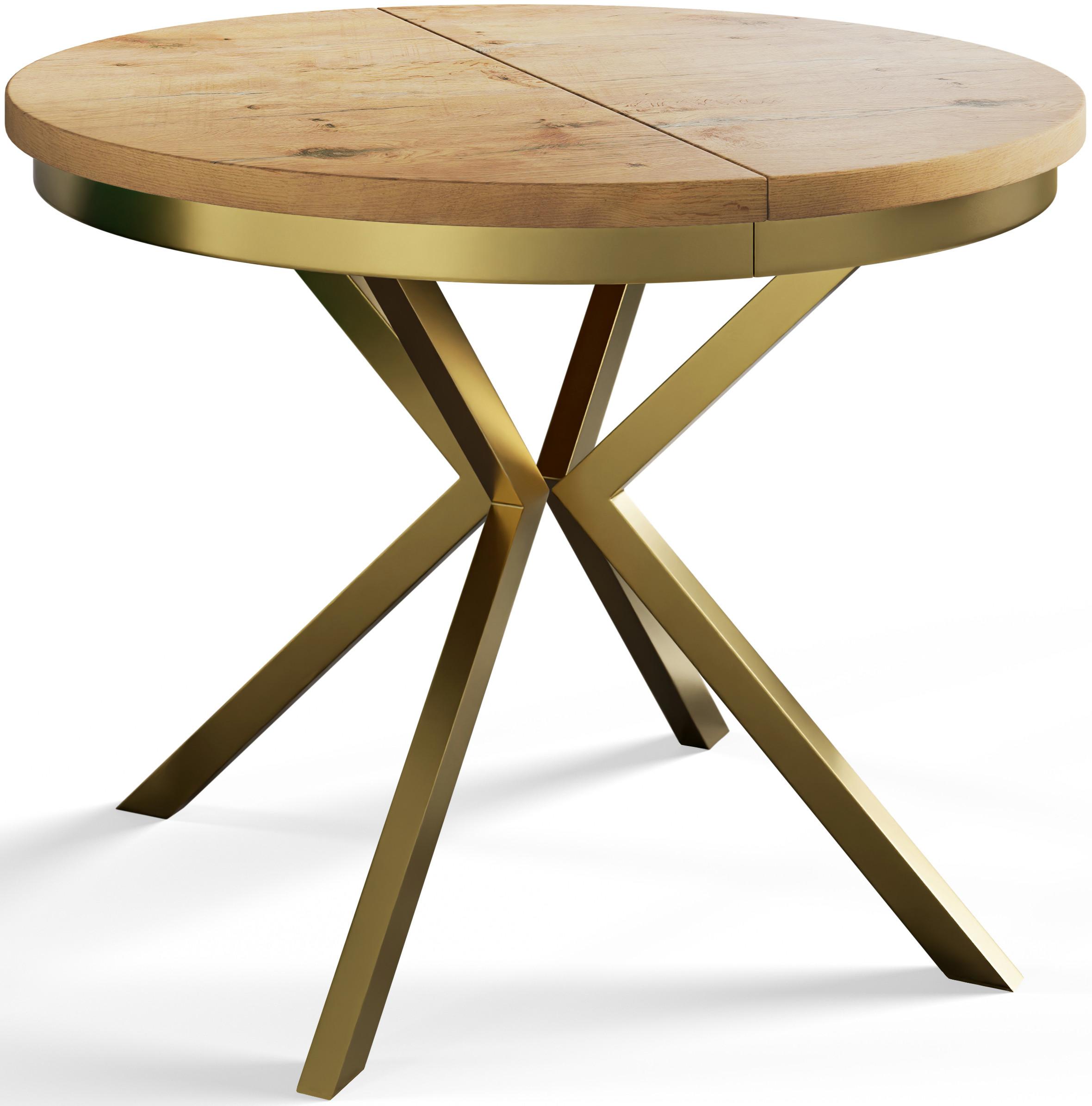 RUNDER Esszimmertisch BERGO, ausziehbarer Tisch Durchmesser: 90 cm/170 cm, Wohnzimmertisch Farbe: Hellbraun, mit Metallbeinen in Farbe Gold - Beige/Goldfarben, Holzwerkstoff (90/90/76cm) - Alpi-Möbel