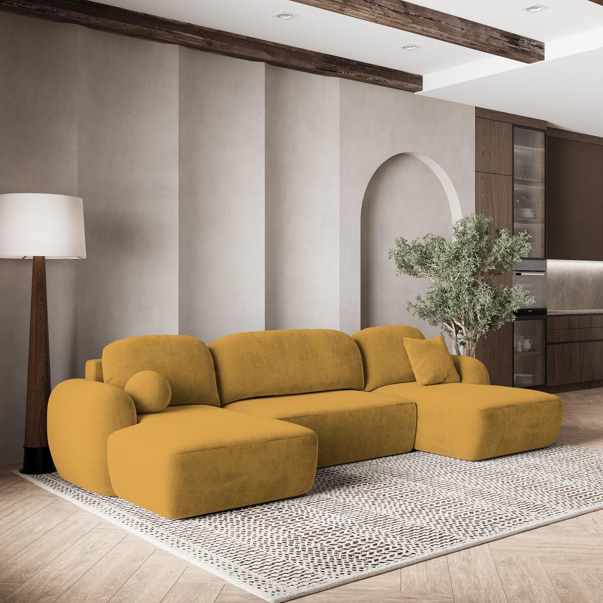 WOHNLANDSCHAFT SAVONA K Gelb Plüsch-Stoff mit Schlaffunktion - Gelb/Schwarz, Holz/Kunststoff (320/90/148cm) - MASSENO