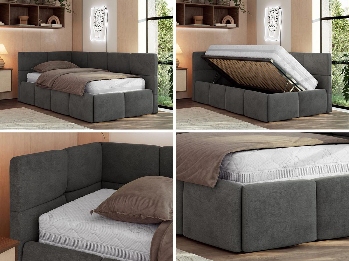 JUGENDBETT ARVO 90/200 - Dunkelgrau Velvet - Multipocket-Matratze - Links Seite - Dunkelgrau, Textil (90/200cm) - MKS