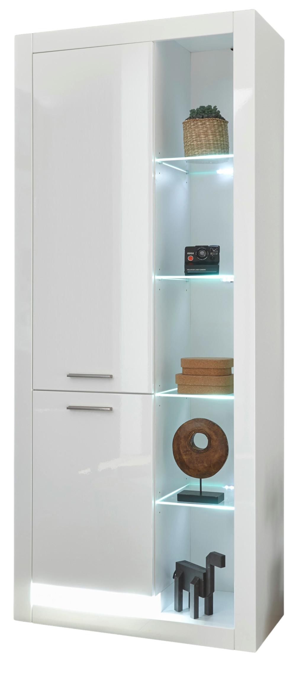 VITRINE weiß Hochglanz 80 x 195 cm, großer Vitrinenschrank mit 10 Fächern - Weiß Hochglanz/Silberfarben, Glas/Holzwerkstoff (80/195/37cm) - Furn.Design