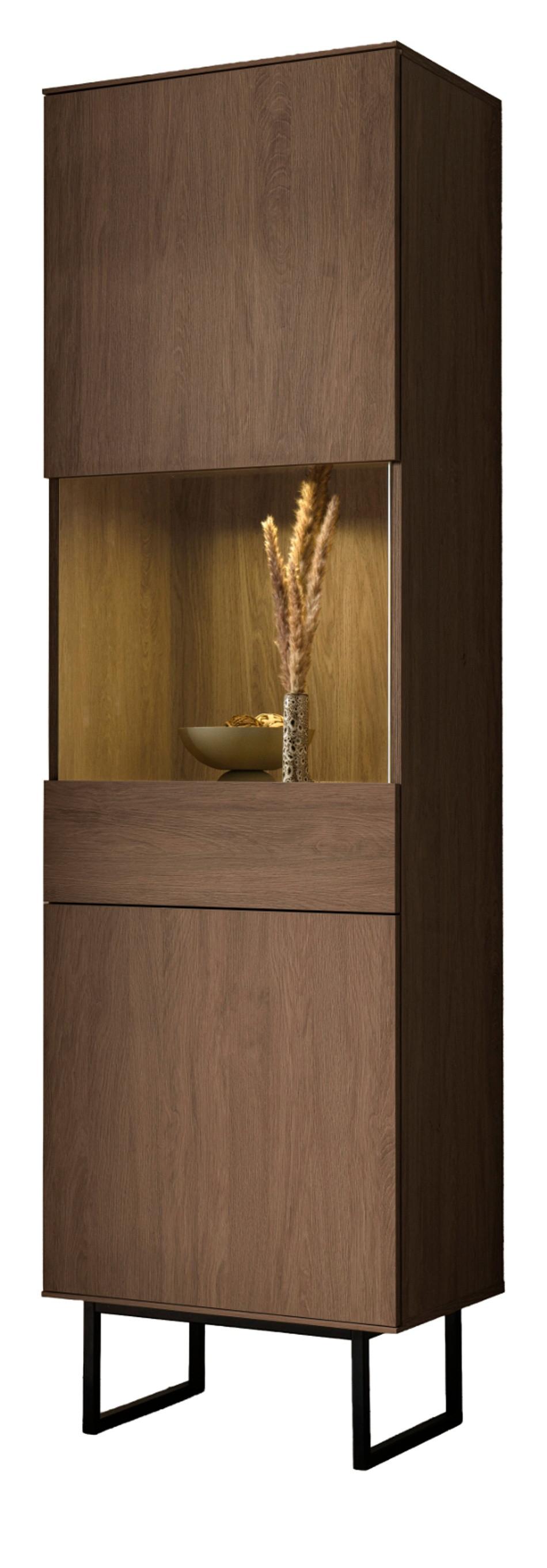 VITRINE in Nussbaum 58 x 200 cm, Vitrinenschrank mit Push-to-Open - Nussbaumfarben/Schwarz, Glas/Holzwerkstoff (58/200/40cm) - Furn.Design