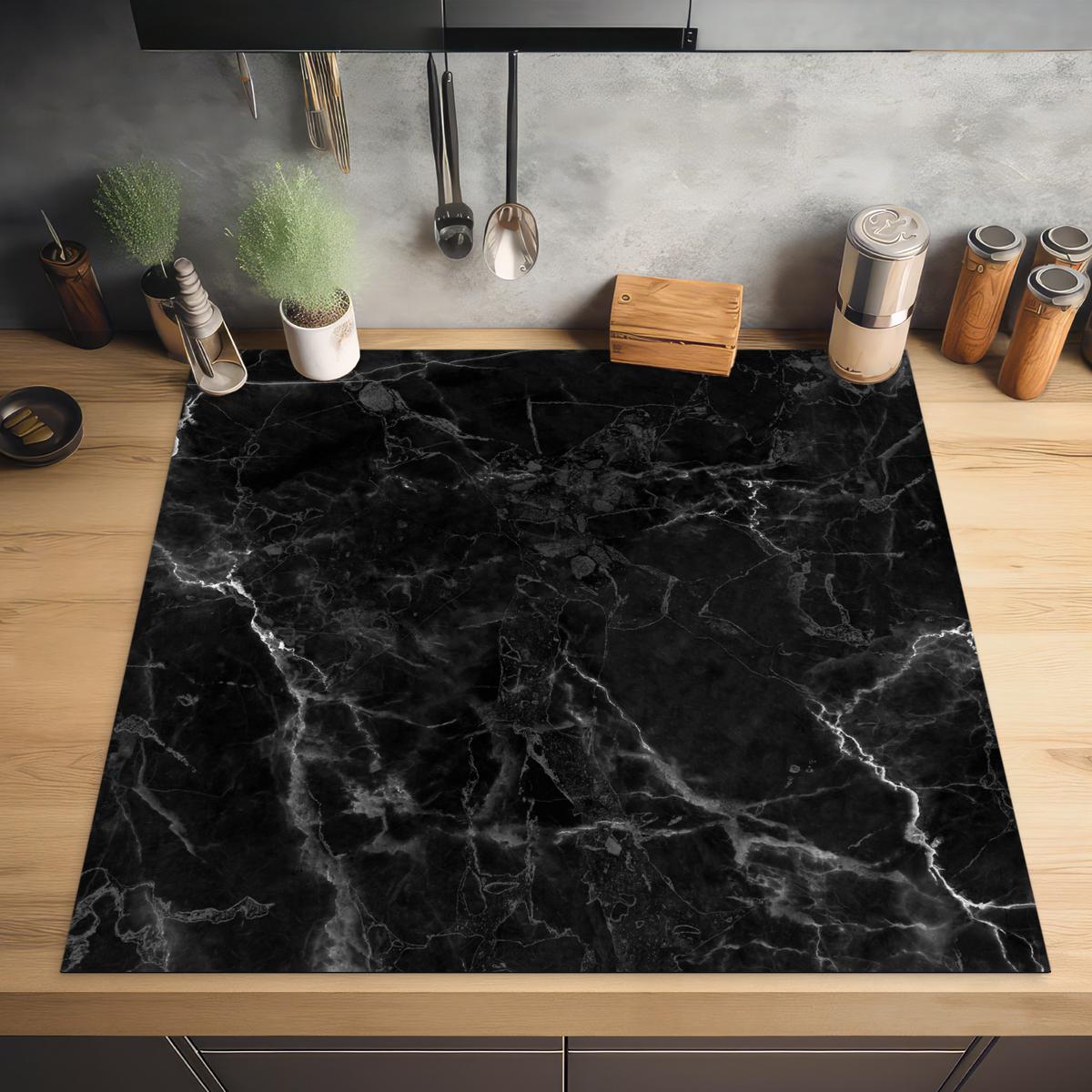HERDABDECKPLATTE Marmor - Schwarz - Weiß - Textur - Marmoroptik Induktionsmatte 78x78 cm - Silberfarben, Kunststoff (78/78/0.2cm) - MuchoWow