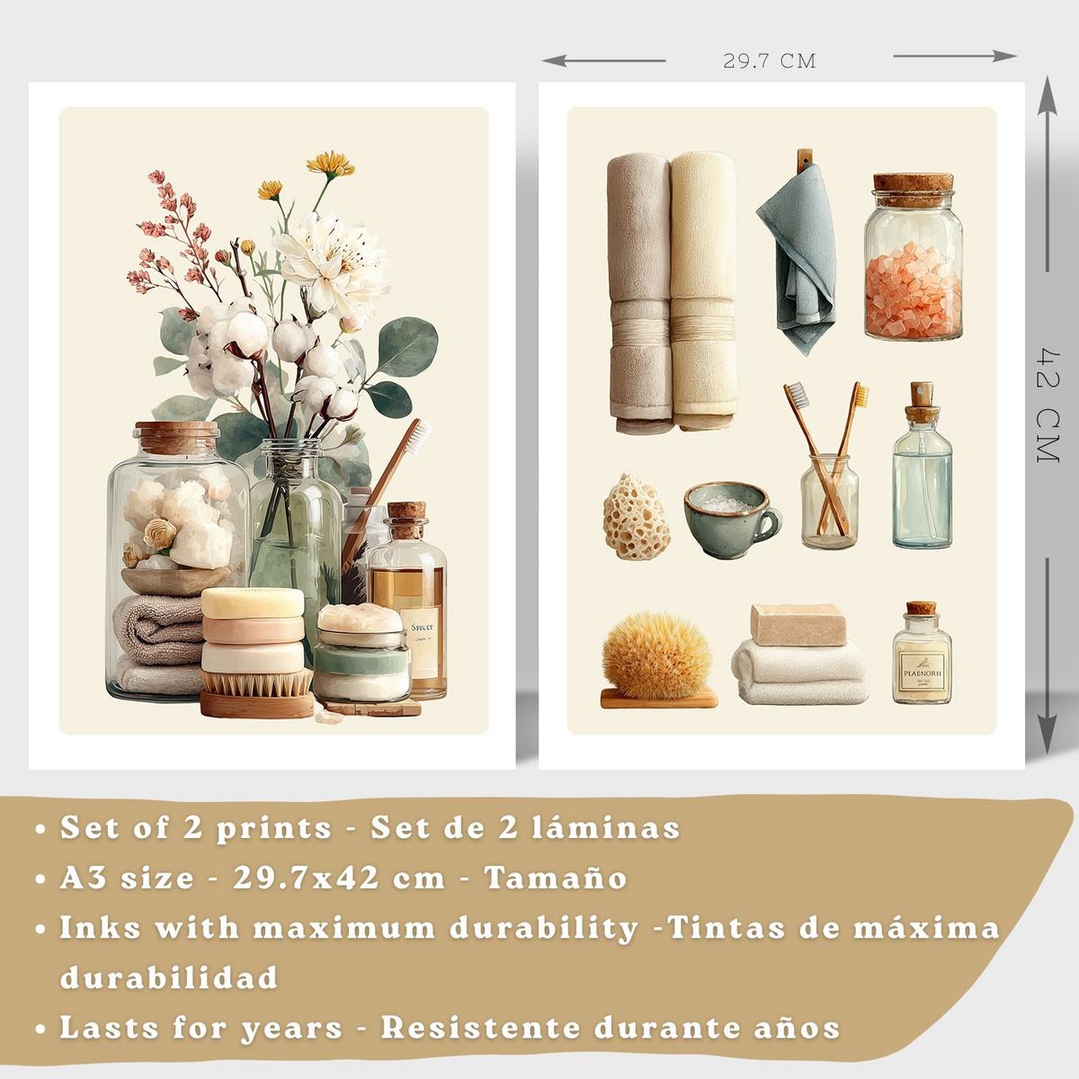 POSTER 2er-Set dekorative Kunstdrucke im für minimalistische Bilder mit Blumen Zen-Poster für entspannende Badezimmer- Leichter Holzrahmen A3 - Beige, Papier (42/29.7/3cm) - Nacnic