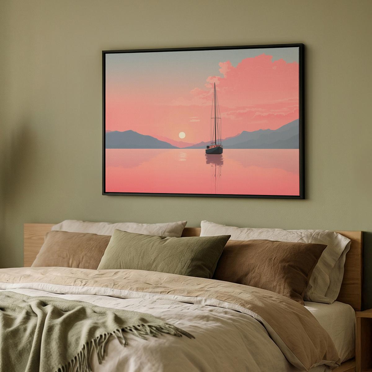 LEINWAND Bilder mit Rahmen - Segelboot - Rosa Meer - Sonnenuntergang - Berge - 100x70 - Rosa, Textil (100/70cm) - MuchoWow