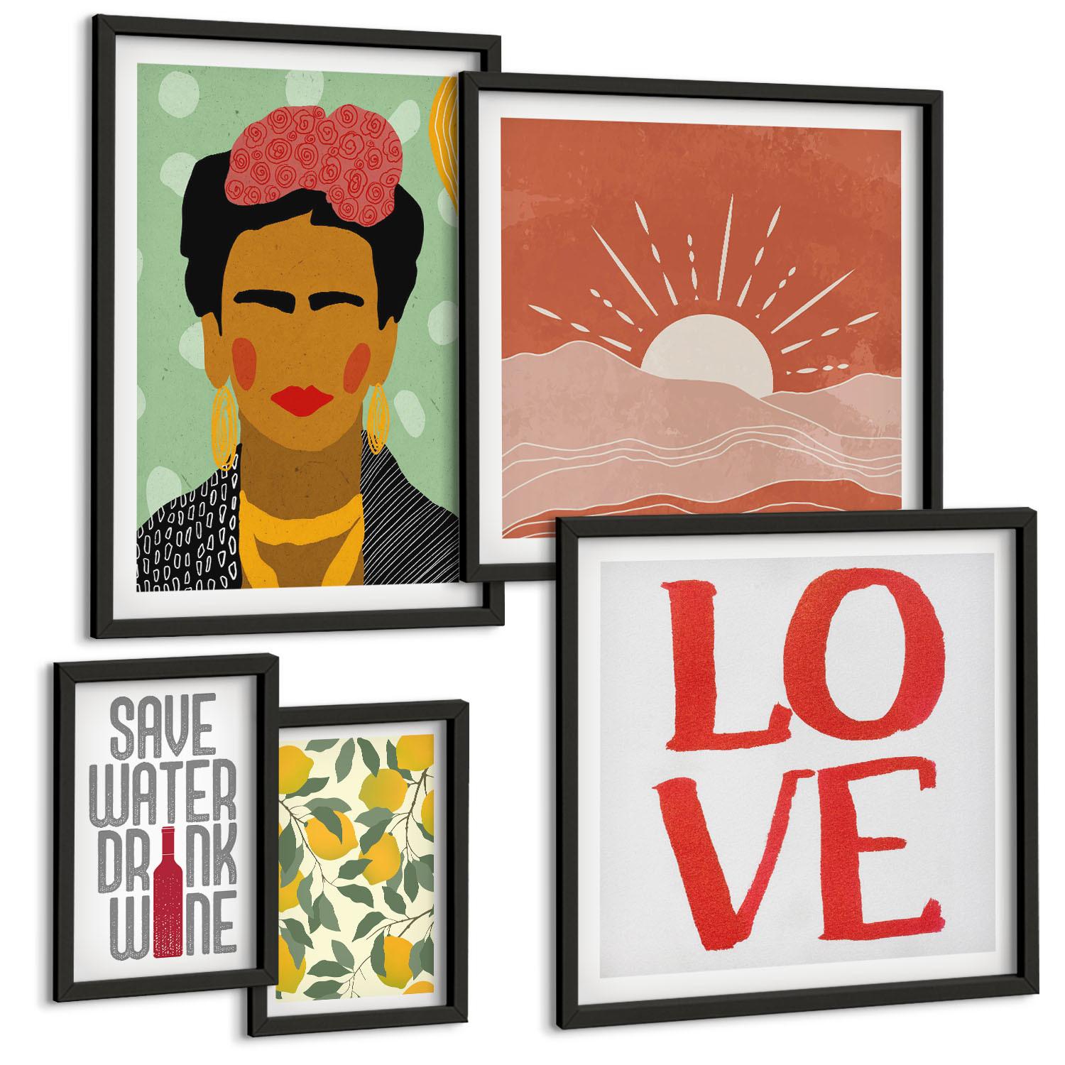 BILDER SET 5er Set - 50x50 cm & 20x30 cm & 40x60 cm Schwarzer Rahmen - Zitronen Inschrift Liebeslandschaft Frida - Schwarz, Kunststoff (40/60cm) - TULUP