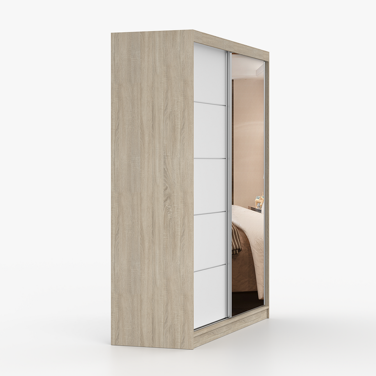 SCHWEBETÜRENSCHRANK 183/218/61 cm 2-türig Bella 03 Sonoma Eiche, Weiß - Alufarben/Weiß, Glas/Holzwerkstoff (183/218/61cm) - imoebel24