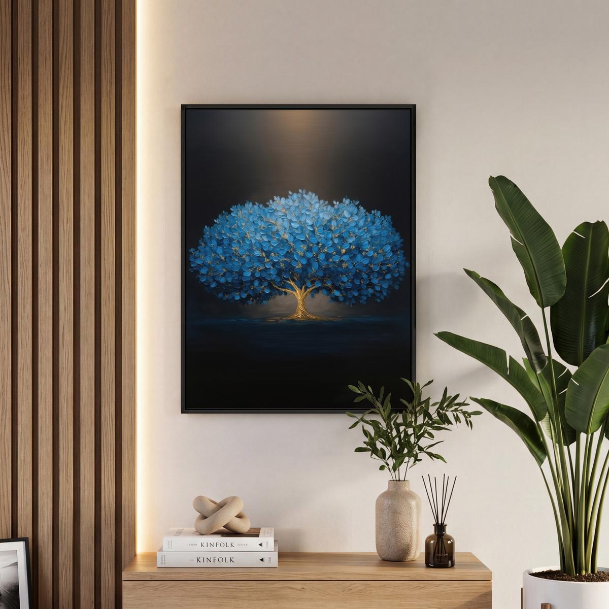 LEINWAND Bilder mit Rahmen - Baum - Blau - Blätter - Pinselstriche - 50x70 - Blau, Textil (50/70cm) - MuchoWow